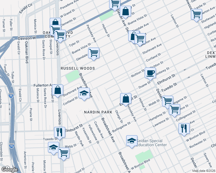 map of restaurants, bars, coffee shops, grocery stores, and more near 4244 Richton Street in Detroit