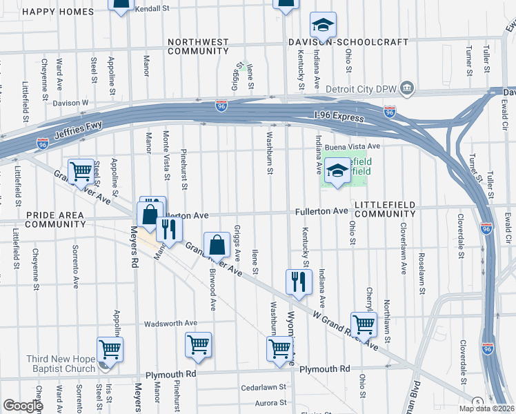 map of restaurants, bars, coffee shops, grocery stores, and more near 12611 Washburn Street in Detroit