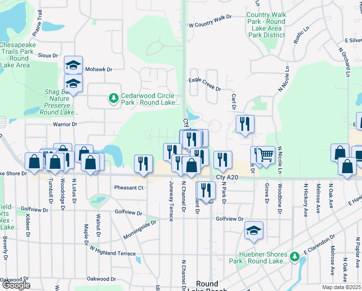 map of restaurants, bars, coffee shops, grocery stores, and more near 337 Meadow Green Lane in Round Lake Beach