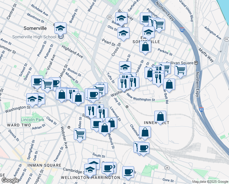 map of restaurants, bars, coffee shops, grocery stores, and more near 131 Washington Street in Somerville