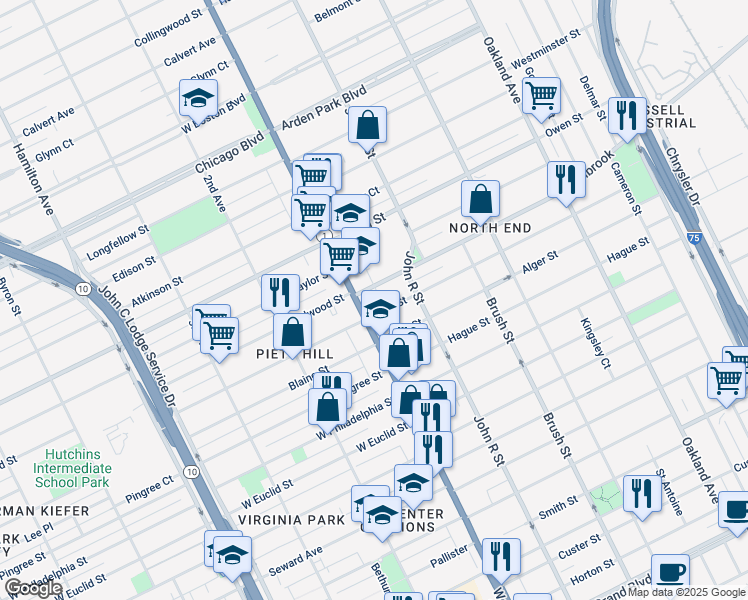 map of restaurants, bars, coffee shops, grocery stores, and more near 8850 Woodward Avenue in Detroit