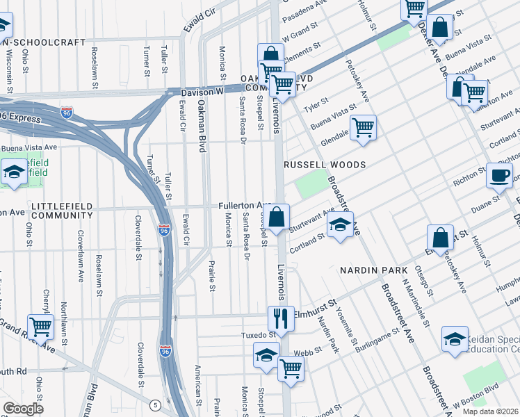 map of restaurants, bars, coffee shops, grocery stores, and more near 12421 Stoepel Street in Detroit