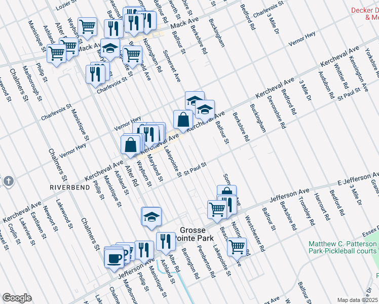 map of restaurants, bars, coffee shops, grocery stores, and more near 1134 Beaconsfield Avenue in Grosse Pointe Park