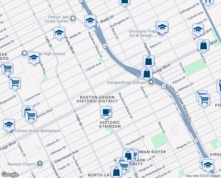map of restaurants, bars, coffee shops, grocery stores, and more near 1646 Chicago Boulevard in Detroit