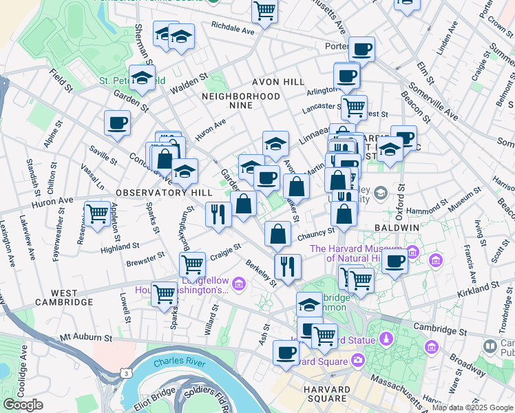 map of restaurants, bars, coffee shops, grocery stores, and more near 59 Shepard Street in Cambridge