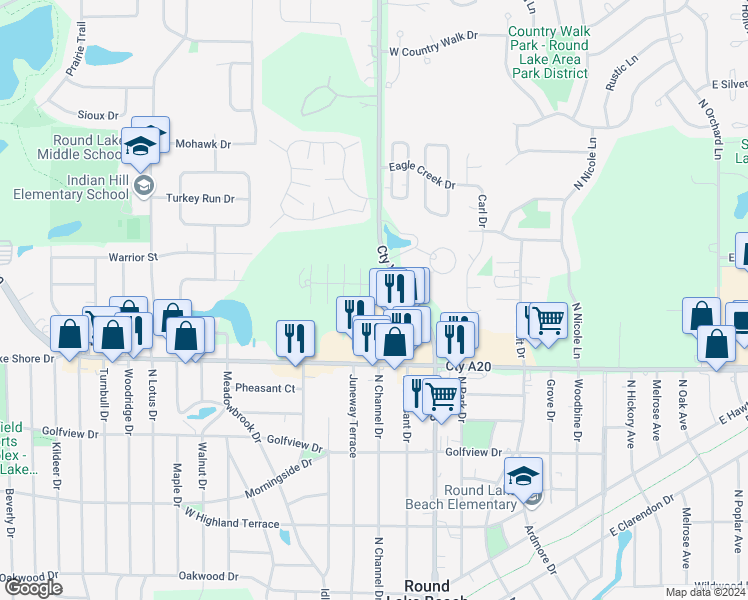 map of restaurants, bars, coffee shops, grocery stores, and more near 353 Meadow Green Lane in Round Lake Beach