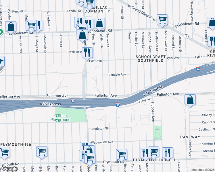map of restaurants, bars, coffee shops, grocery stores, and more near 12671 Sussex Street in Detroit