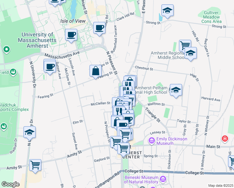 map of restaurants, bars, coffee shops, grocery stores, and more near 300 North Pleasant Street in Amherst