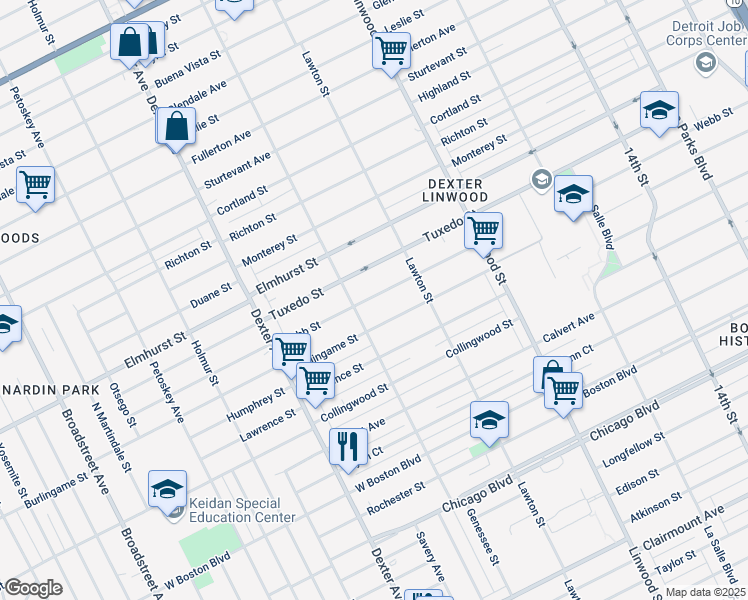 map of restaurants, bars, coffee shops, grocery stores, and more near 3003 Webb Street in Detroit