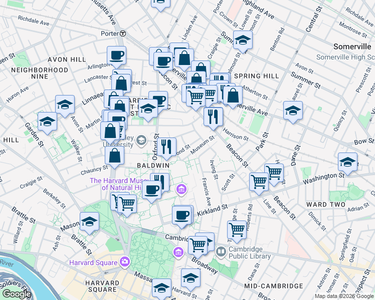 map of restaurants, bars, coffee shops, grocery stores, and more near 74 Hammond Street in Cambridge