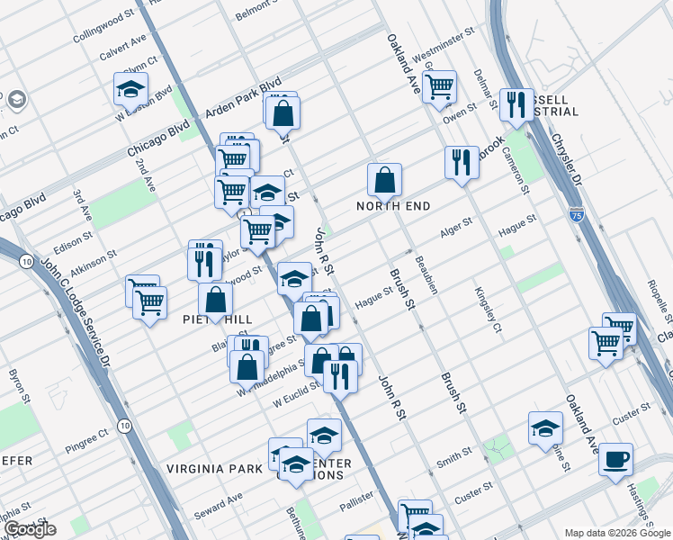 map of restaurants, bars, coffee shops, grocery stores, and more near 206 King St in Detroit