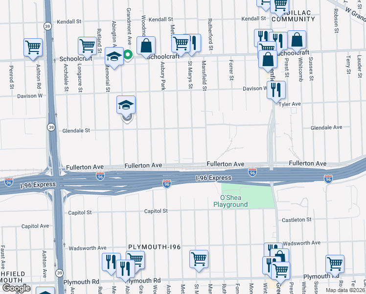 map of restaurants, bars, coffee shops, grocery stores, and more near 12673 Mettetal Street in Detroit