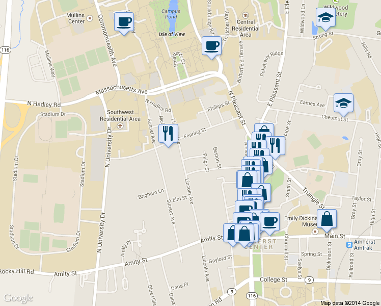 map of restaurants, bars, coffee shops, grocery stores, and more near 14 Cosby Avenue in Amherst