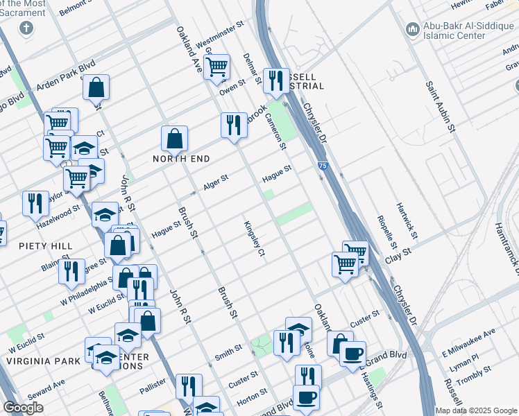 map of restaurants, bars, coffee shops, grocery stores, and more near 654 East Philadelphia Street in Detroit