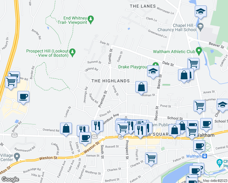 map of restaurants, bars, coffee shops, grocery stores, and more near 69 Irving Street in Waltham