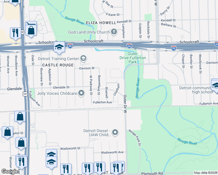 map of restaurants, bars, coffee shops, grocery stores, and more near 22466 Glendale St in Detroit
