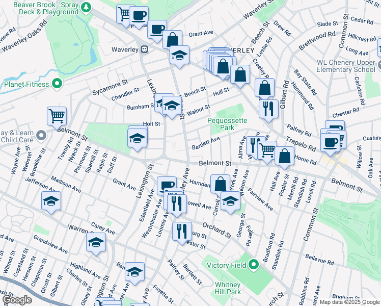map of restaurants, bars, coffee shops, grocery stores, and more near 232 White Street in Belmont