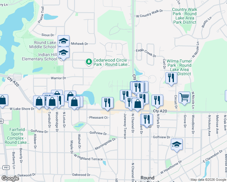 map of restaurants, bars, coffee shops, grocery stores, and more near 509 Meadow Green Lane in Round Lake Beach