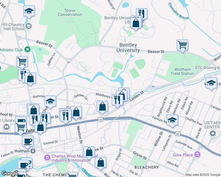 map of restaurants, bars, coffee shops, grocery stores, and more near 36 Middlesex Circle in Waltham