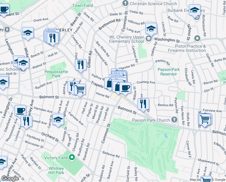 map of restaurants, bars, coffee shops, grocery stores, and more near 144 Trapelo Road in Belmont