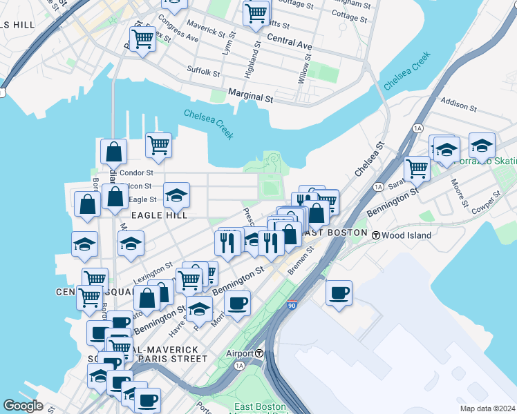 map of restaurants, bars, coffee shops, grocery stores, and more near 233 Trenton Street in Boston