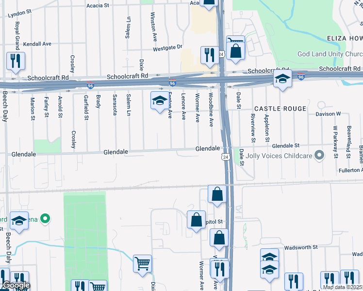 map of restaurants, bars, coffee shops, grocery stores, and more near 12811 Lenore in Redford Charter Township