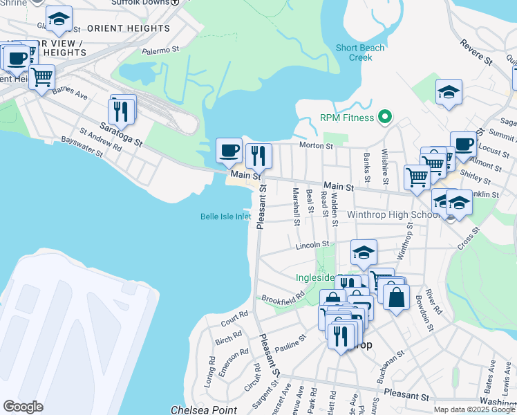 map of restaurants, bars, coffee shops, grocery stores, and more near 554 Pleasant Street in Winthrop