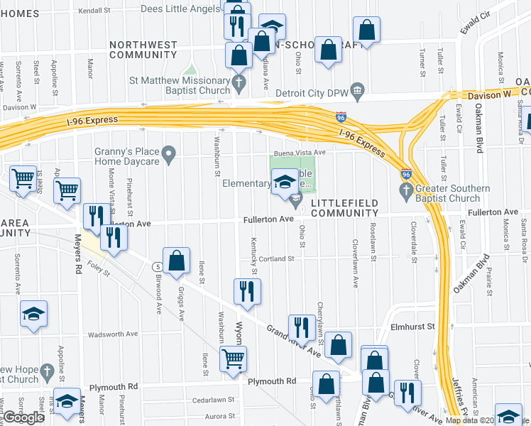 map of restaurants, bars, coffee shops, grocery stores, and more near 12611 Indiana Street in Detroit