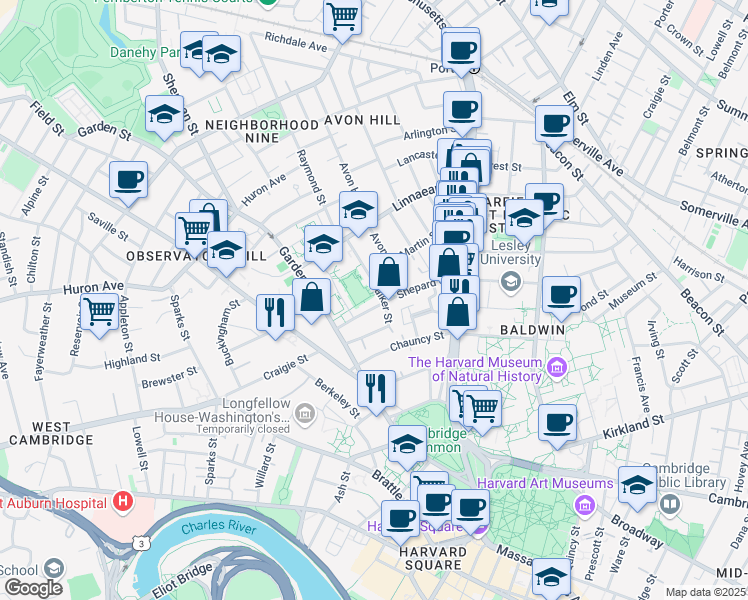 map of restaurants, bars, coffee shops, grocery stores, and more near 52 Linnaean Street in Cambridge