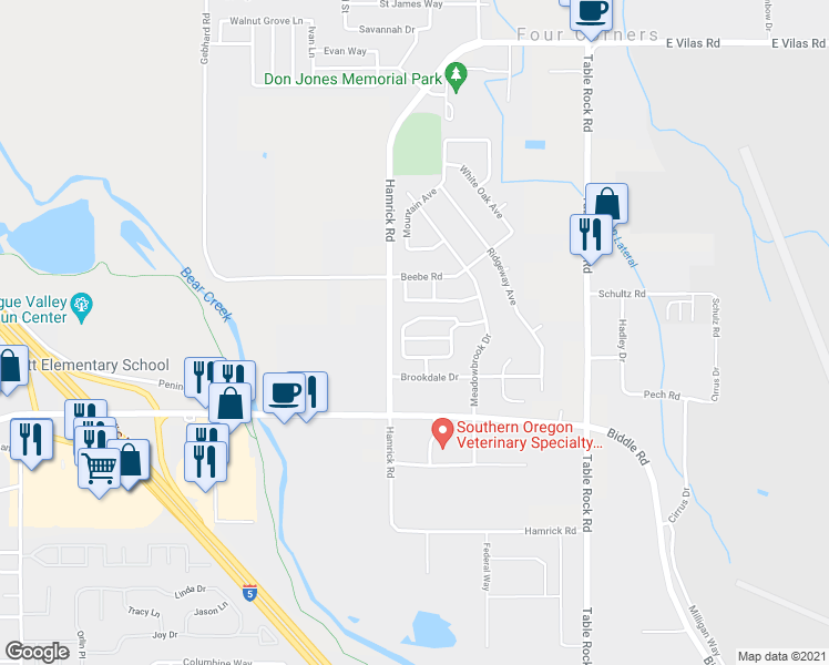 map of restaurants, bars, coffee shops, grocery stores, and more near 2526 Mistletoe Court in Central Point