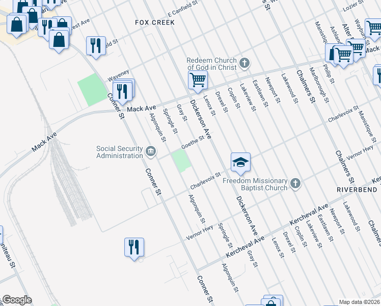 map of restaurants, bars, coffee shops, grocery stores, and more near 3036 Springle Street in Detroit