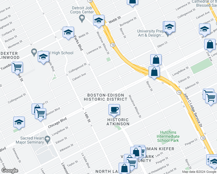map of restaurants, bars, coffee shops, grocery stores, and more near 1717 West Boston Boulevard in Detroit