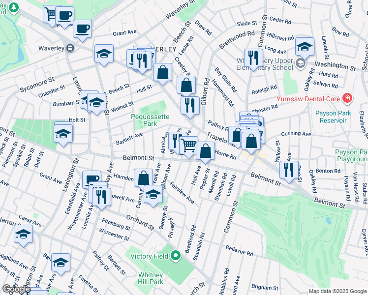 map of restaurants, bars, coffee shops, grocery stores, and more near 48 Harriet Avenue in Belmont