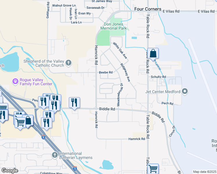 map of restaurants, bars, coffee shops, grocery stores, and more near 2552 Mistletoe Court in Central Point