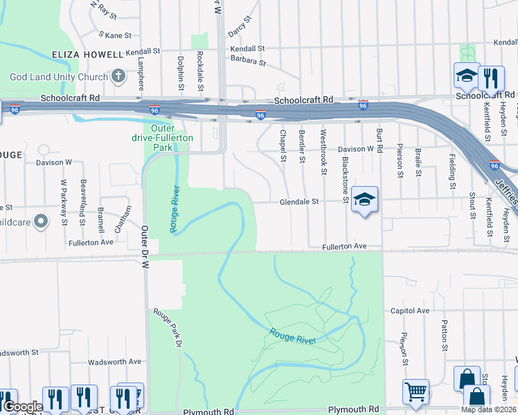 map of restaurants, bars, coffee shops, grocery stores, and more near 12728 Dolson Street in Detroit