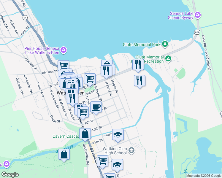 map of restaurants, bars, coffee shops, grocery stores, and more near 402 6th St in Watkins Glen