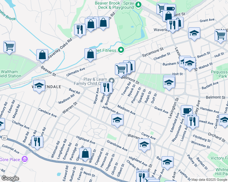 map of restaurants, bars, coffee shops, grocery stores, and more near 42 Brookline Street in Watertown