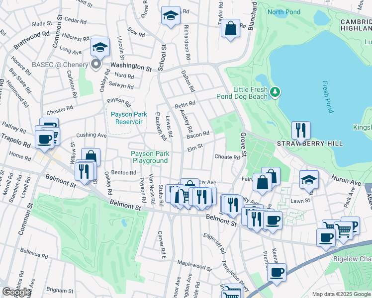 map of restaurants, bars, coffee shops, grocery stores, and more near 57 Elm Street in Belmont