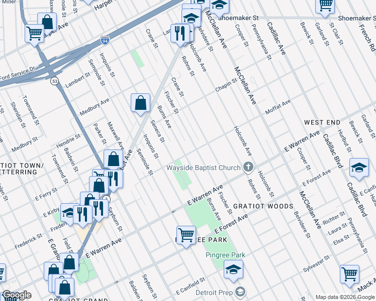 map of restaurants, bars, coffee shops, grocery stores, and more near 5310 Burns Avenue in Detroit