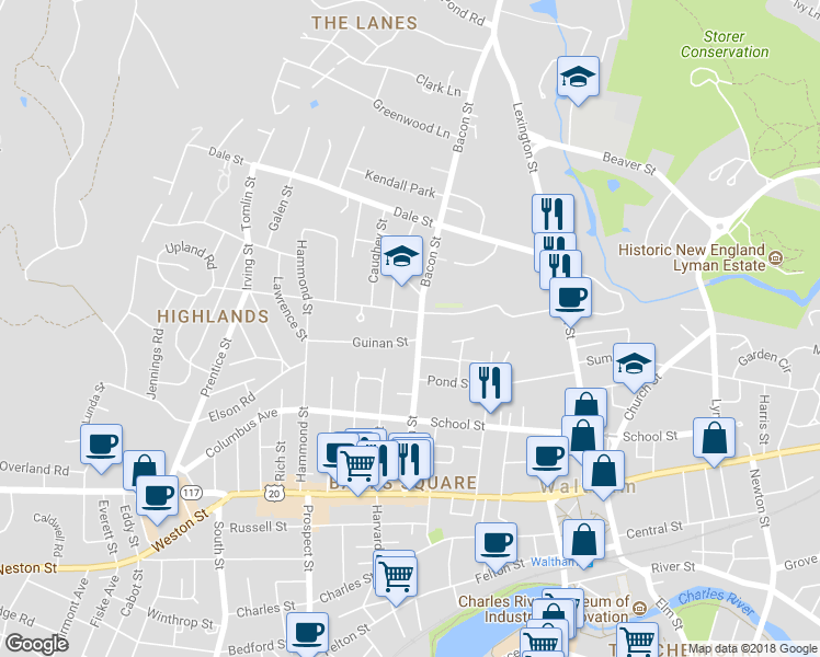 map of restaurants, bars, coffee shops, grocery stores, and more near 128 Bacon Street in Waltham