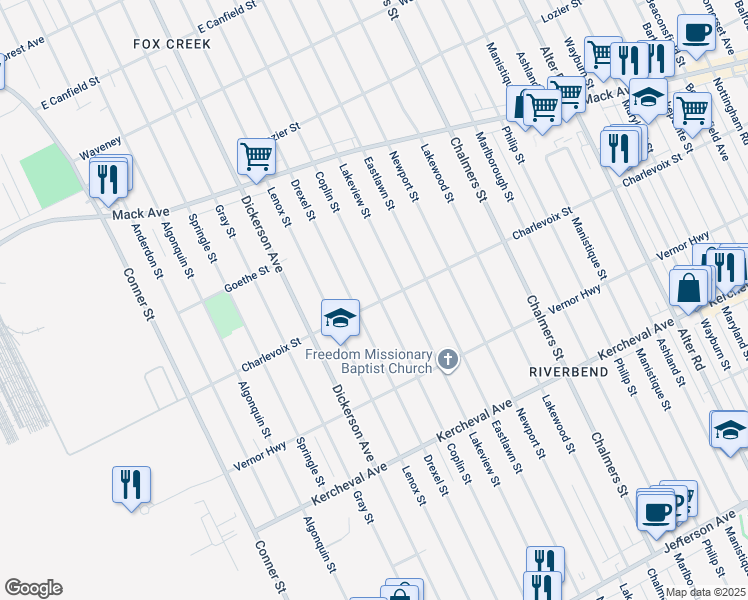 map of restaurants, bars, coffee shops, grocery stores, and more near 13231 Charlevoix Street in Detroit