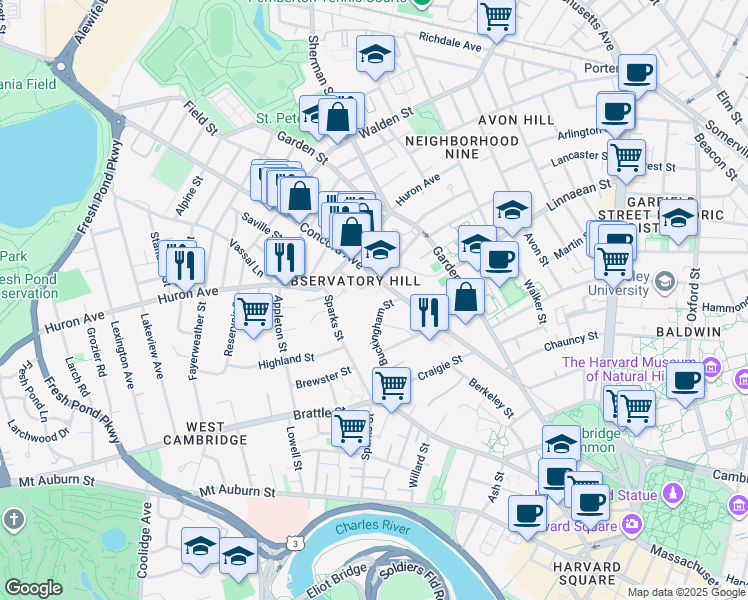map of restaurants, bars, coffee shops, grocery stores, and more near 31 Buckingham Street in Cambridge