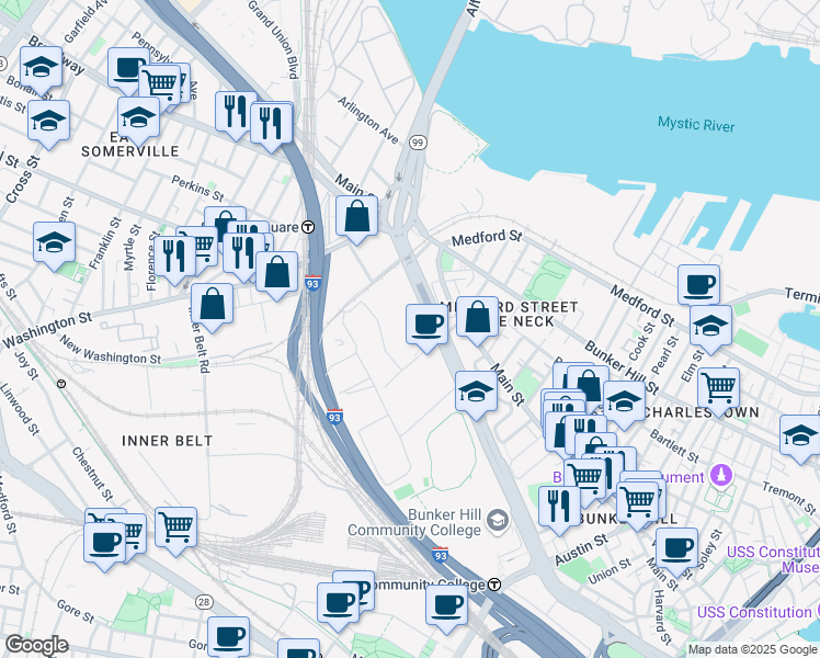 map of restaurants, bars, coffee shops, grocery stores, and more near 500 Hood Park Drive in Boston