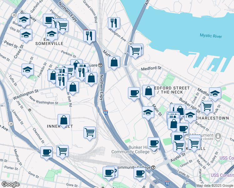 map of restaurants, bars, coffee shops, grocery stores, and more near 570 Rutherford Avenue in Boston
