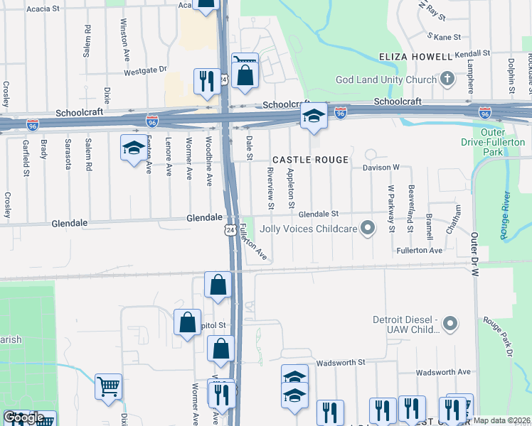 map of restaurants, bars, coffee shops, grocery stores, and more near 12784 Dale Street in Detroit