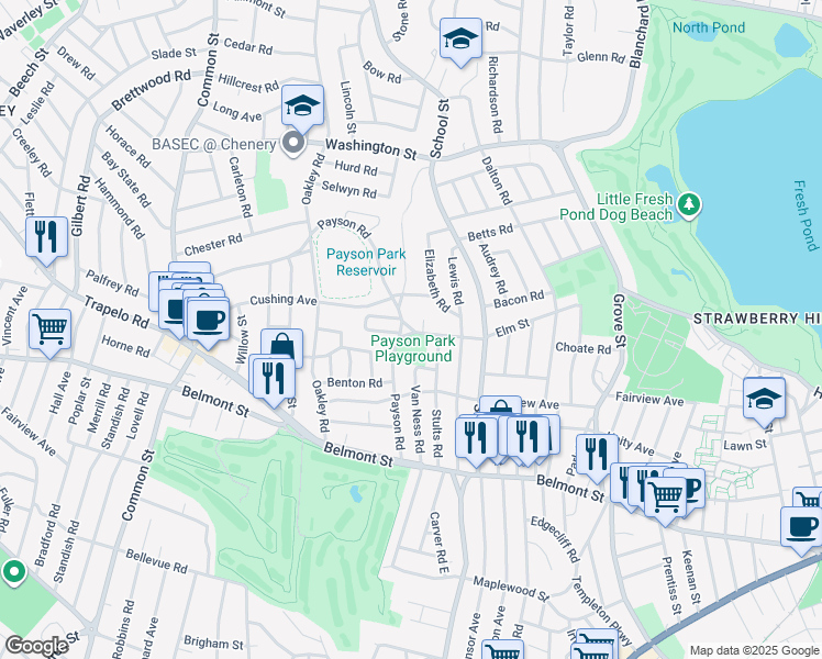 map of restaurants, bars, coffee shops, grocery stores, and more near 242 Payson Rd in Belmont