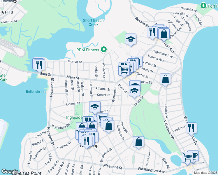 map of restaurants, bars, coffee shops, grocery stores, and more near 78 Atlantic Street in Winthrop