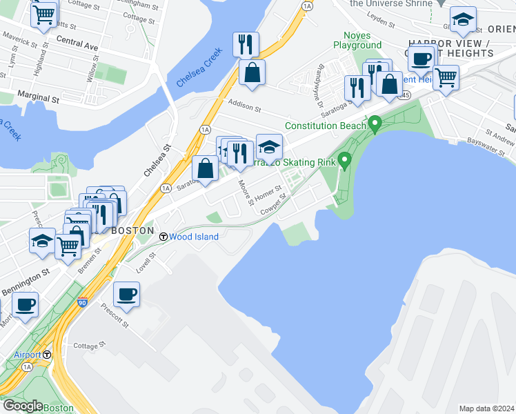 map of restaurants, bars, coffee shops, grocery stores, and more near 114 Moore Street in Boston