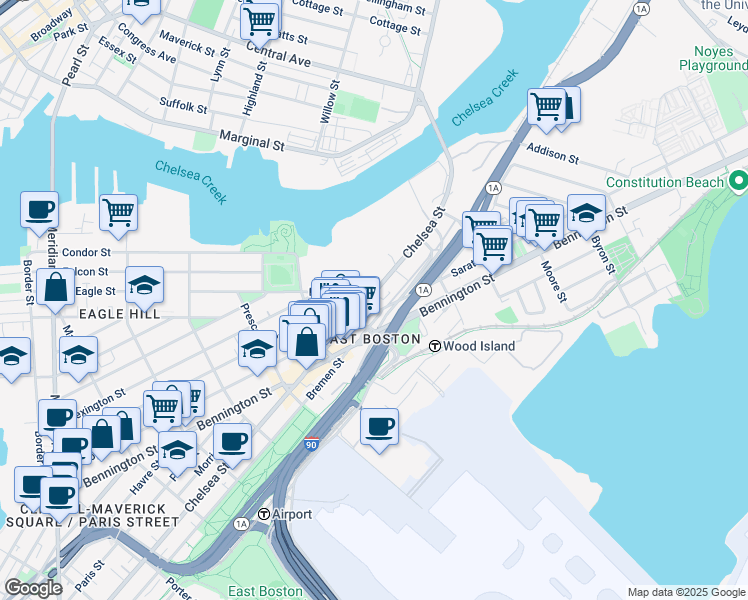 map of restaurants, bars, coffee shops, grocery stores, and more near 546 Saratoga Street in Boston