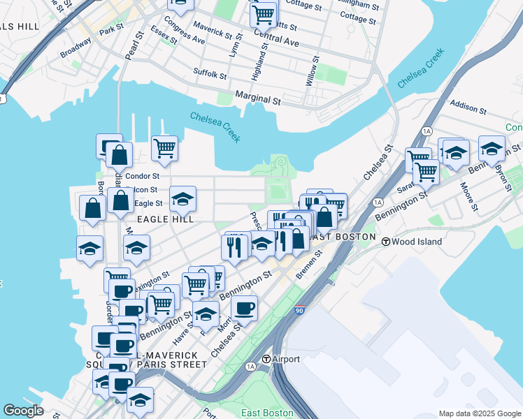 map of restaurants, bars, coffee shops, grocery stores, and more near 217 Trenton Street in Boston